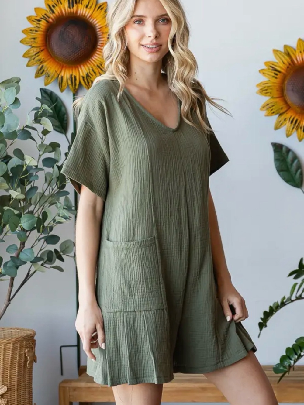 Olive Short Sleeve V-Neck Romper
